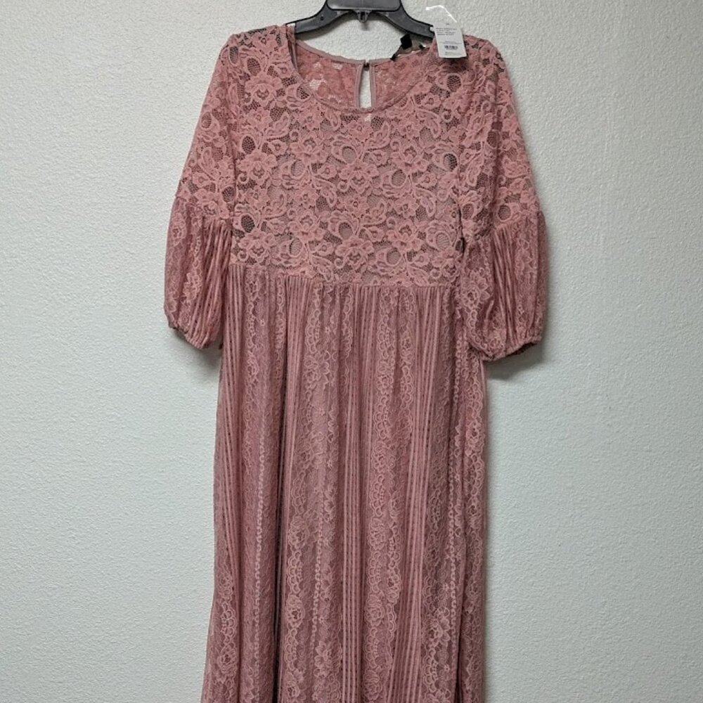 Suzanne Betro Pink Lace 3-Quarter Lantern-Sleeves with Inner Slip Midi Dress - M
